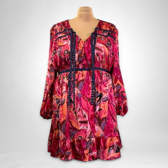 HEYSON Berry Abstract Print Tie Front Mini Dress, NWT! Size 2XL - Picture 1 of 7